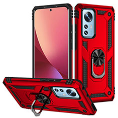 Silicone Matte Finish and Plastic Back Cover Case with Magnetic Finger Ring Stand for Xiaomi Mi 12S 5G Red