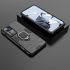 Silicone Matte Finish and Plastic Back Cover Case with Magnetic Finger Ring Stand for Xiaomi Mi 12T 5G Black