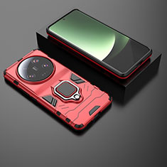 Silicone Matte Finish and Plastic Back Cover Case with Magnetic Finger Ring Stand for Xiaomi Mi 13 Ultra 5G Red