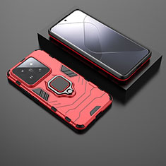 Silicone Matte Finish and Plastic Back Cover Case with Magnetic Finger Ring Stand for Xiaomi Mi 14 5G Red