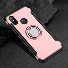 Silicone Matte Finish and Plastic Back Cover Case with Magnetic Finger Ring Stand for Xiaomi Mi 8 Rose Gold