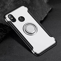 Silicone Matte Finish and Plastic Back Cover Case with Magnetic Finger Ring Stand for Xiaomi Mi 8 White