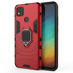 Silicone Matte Finish and Plastic Back Cover Case with Magnetic Finger Ring Stand for Xiaomi Redmi 9 India Red