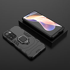 Silicone Matte Finish and Plastic Back Cover Case with Magnetic Finger Ring Stand for Xiaomi Redmi Note 11 Pro+ Plus 5G Black