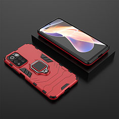 Silicone Matte Finish and Plastic Back Cover Case with Magnetic Finger Ring Stand for Xiaomi Redmi Note 11 Pro+ Plus 5G Red