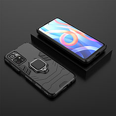 Silicone Matte Finish and Plastic Back Cover Case with Magnetic Finger Ring Stand for Xiaomi Redmi Note 11S 5G Black