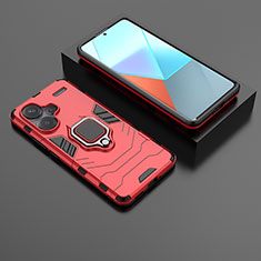Silicone Matte Finish and Plastic Back Cover Case with Magnetic Finger Ring Stand for Xiaomi Redmi Note 13 Pro+ Plus 5G Red