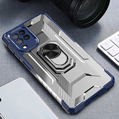 Silicone Matte Finish and Plastic Back Cover Case with Magnetic Finger Ring Stand J01S for Samsung Galaxy F22 4G Blue