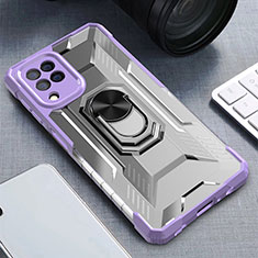 Silicone Matte Finish and Plastic Back Cover Case with Magnetic Finger Ring Stand J01S for Samsung Galaxy M22 4G Purple