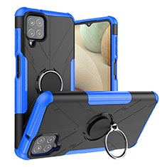 Silicone Matte Finish and Plastic Back Cover Case with Magnetic Finger Ring Stand J01X for Samsung Galaxy A12 Nacho Blue