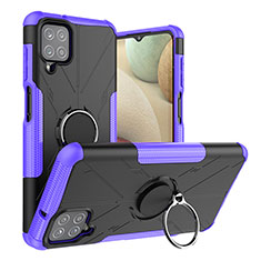 Silicone Matte Finish and Plastic Back Cover Case with Magnetic Finger Ring Stand J01X for Samsung Galaxy A12 Nacho Purple