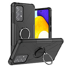 Silicone Matte Finish and Plastic Back Cover Case with Magnetic Finger Ring Stand J01X for Samsung Galaxy A52 4G Black