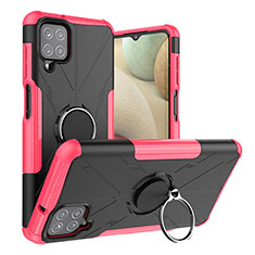 Silicone Matte Finish and Plastic Back Cover Case with Magnetic Finger Ring Stand J01X for Samsung Galaxy F12 Hot Pink