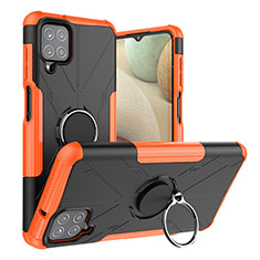 Silicone Matte Finish and Plastic Back Cover Case with Magnetic Finger Ring Stand J01X for Samsung Galaxy F12 Orange