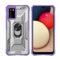 Silicone Matte Finish and Plastic Back Cover Case with Magnetic Finger Ring Stand J02S for Samsung Galaxy A02s Purple