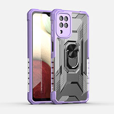 Silicone Matte Finish and Plastic Back Cover Case with Magnetic Finger Ring Stand J02S for Samsung Galaxy A12 Nacho Purple