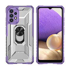 Silicone Matte Finish and Plastic Back Cover Case with Magnetic Finger Ring Stand J02S for Samsung Galaxy A32 5G Purple
