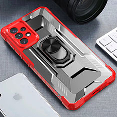Silicone Matte Finish and Plastic Back Cover Case with Magnetic Finger Ring Stand J02S for Samsung Galaxy A72 5G Red