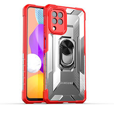Silicone Matte Finish and Plastic Back Cover Case with Magnetic Finger Ring Stand J02S for Samsung Galaxy F22 4G Red