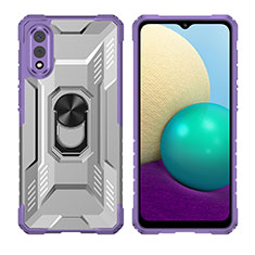 Silicone Matte Finish and Plastic Back Cover Case with Magnetic Finger Ring Stand J02S for Samsung Galaxy M02 Purple