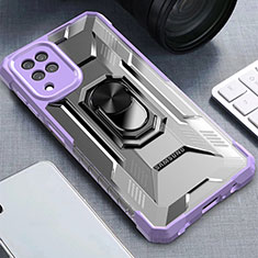 Silicone Matte Finish and Plastic Back Cover Case with Magnetic Finger Ring Stand J03S for Samsung Galaxy A12 Purple