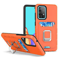 Silicone Matte Finish and Plastic Back Cover Case with Magnetic Finger Ring Stand J03S for Samsung Galaxy A52s 5G Orange