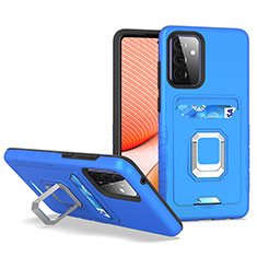 Silicone Matte Finish and Plastic Back Cover Case with Magnetic Finger Ring Stand J03S for Samsung Galaxy A72 4G Blue