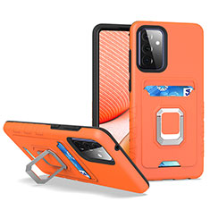 Silicone Matte Finish and Plastic Back Cover Case with Magnetic Finger Ring Stand J03S for Samsung Galaxy A72 5G Orange