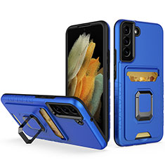 Silicone Matte Finish and Plastic Back Cover Case with Magnetic Finger Ring Stand J03S for Samsung Galaxy S22 Plus 5G Blue