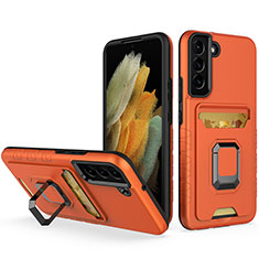 Silicone Matte Finish and Plastic Back Cover Case with Magnetic Finger Ring Stand J03S for Samsung Galaxy S22 Plus 5G Orange