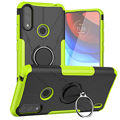Silicone Matte Finish and Plastic Back Cover Case with Magnetic Finger Ring Stand JX1 for Motorola Moto E7 Power Green