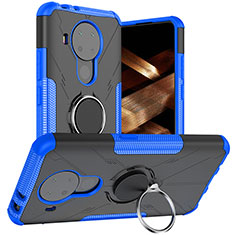 Silicone Matte Finish and Plastic Back Cover Case with Magnetic Finger Ring Stand JX1 for Nokia 5.4 Blue