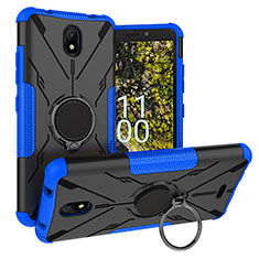 Silicone Matte Finish and Plastic Back Cover Case with Magnetic Finger Ring Stand JX1 for Nokia C100 Blue