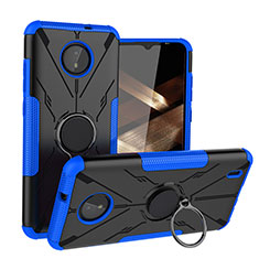 Silicone Matte Finish and Plastic Back Cover Case with Magnetic Finger Ring Stand JX1 for Nokia C20 Blue