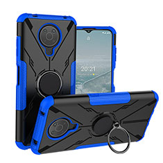 Silicone Matte Finish and Plastic Back Cover Case with Magnetic Finger Ring Stand JX1 for Nokia G20 Blue