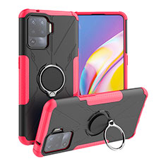 Silicone Matte Finish and Plastic Back Cover Case with Magnetic Finger Ring Stand JX1 for Oppo A94 4G Hot Pink
