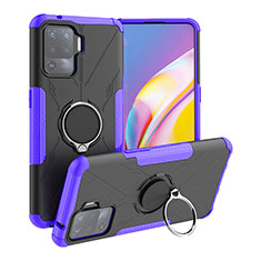 Silicone Matte Finish and Plastic Back Cover Case with Magnetic Finger Ring Stand JX1 for Oppo A94 4G Purple