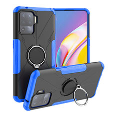 Silicone Matte Finish and Plastic Back Cover Case with Magnetic Finger Ring Stand JX1 for Oppo F19 Pro Blue
