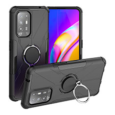Silicone Matte Finish and Plastic Back Cover Case with Magnetic Finger Ring Stand JX1 for Oppo F19 Pro+ Plus 5G Black