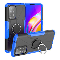 Silicone Matte Finish and Plastic Back Cover Case with Magnetic Finger Ring Stand JX1 for Oppo F19 Pro+ Plus 5G Blue