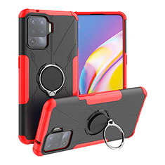 Silicone Matte Finish and Plastic Back Cover Case with Magnetic Finger Ring Stand JX1 for Oppo F19 Pro Red