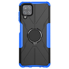 Silicone Matte Finish and Plastic Back Cover Case with Magnetic Finger Ring Stand JX1 for Samsung Galaxy A12 Blue