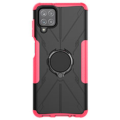 Silicone Matte Finish and Plastic Back Cover Case with Magnetic Finger Ring Stand JX1 for Samsung Galaxy A12 Hot Pink