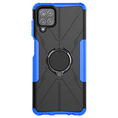Silicone Matte Finish and Plastic Back Cover Case with Magnetic Finger Ring Stand JX1 for Samsung Galaxy A12 Nacho Blue