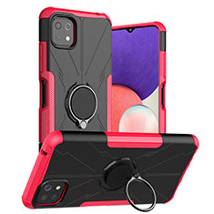 Silicone Matte Finish and Plastic Back Cover Case with Magnetic Finger Ring Stand JX1 for Samsung Galaxy A22 5G Hot Pink