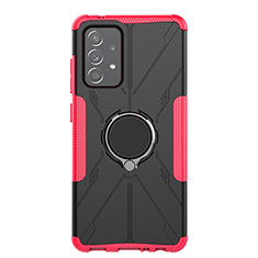 Silicone Matte Finish and Plastic Back Cover Case with Magnetic Finger Ring Stand JX1 for Samsung Galaxy A52 5G Hot Pink