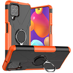 Silicone Matte Finish and Plastic Back Cover Case with Magnetic Finger Ring Stand JX1 for Samsung Galaxy F62 5G Orange