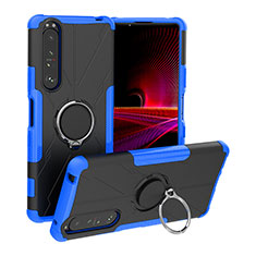 Silicone Matte Finish and Plastic Back Cover Case with Magnetic Finger Ring Stand JX1 for Sony Xperia 1 III Blue