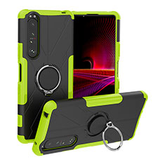 Silicone Matte Finish and Plastic Back Cover Case with Magnetic Finger Ring Stand JX1 for Sony Xperia 1 III Green