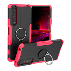 Silicone Matte Finish and Plastic Back Cover Case with Magnetic Finger Ring Stand JX1 for Sony Xperia 1 III Hot Pink